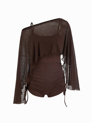 Textured Boat Neck High Rise Drawstring Slim Romper With Scarf