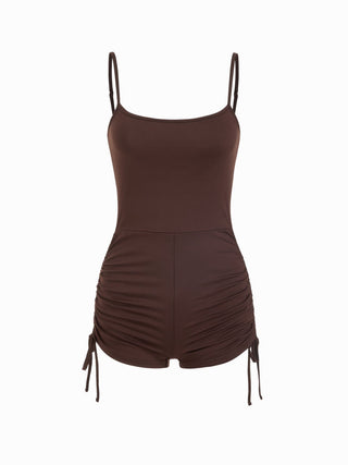 Textured Boat Neck High Rise Drawstring Slim Romper With Scarf