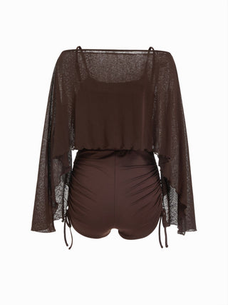 Textured Boat Neck High Rise Drawstring Slim Romper With Scarf