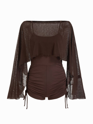 Textured Boat Neck High Rise Drawstring Slim Romper With Scarf