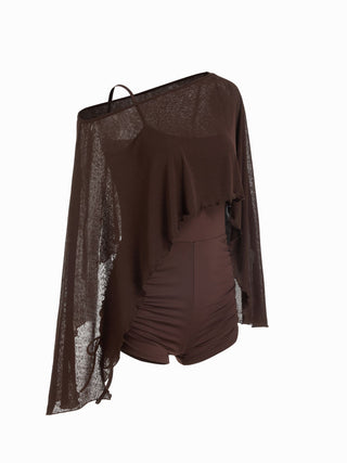 Textured Boat Neck High Rise Drawstring Slim Romper With Scarf