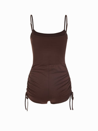 Textured Boat Neck High Rise Drawstring Slim Romper With Scarf