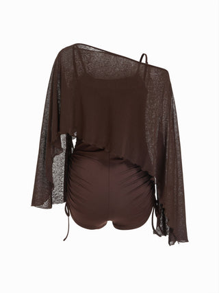 Textured Boat Neck High Rise Drawstring Slim Romper With Scarf