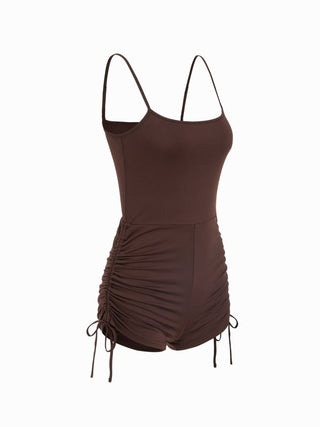 Textured Boat Neck High Rise Drawstring Slim Romper With Scarf