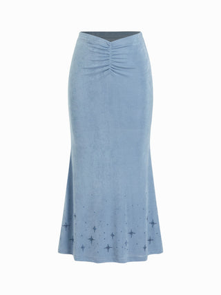 Textured Mid Rise Star Graphic Ruched Mermaid Maxi Skirt