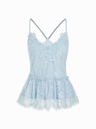 Cotton-blend V-neck Lace Panel Ruffle Hem Cami Blouse
