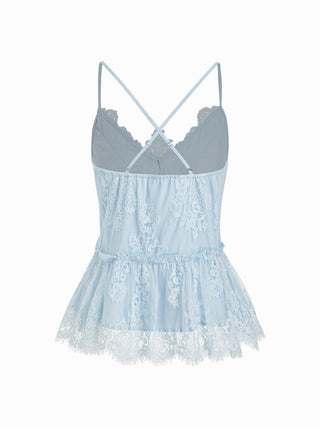 Cotton-blend V-neck Lace Panel Ruffle Hem Cami Blouse