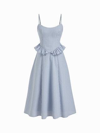 Cotton-blend Gingham Scoop Neck Ruffle Bowknot Flared Maxi Dress