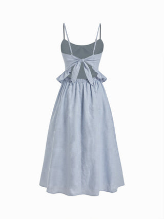 Cotton-blend Gingham Scoop Neck Ruffle Bowknot Flared Maxi Dress