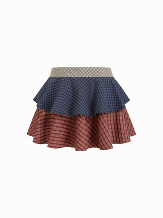 Cotton-blend Low Rise Plaid Ruffled Tiered Mini Skirt