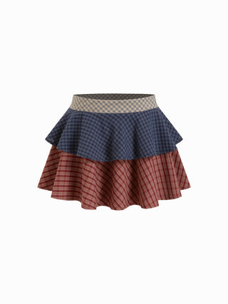 Cotton-blend Low Rise Plaid Ruffled Tiered Mini Skirt