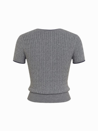 Embroidered Dog Cable Knit Button-Up Short Sleeve
