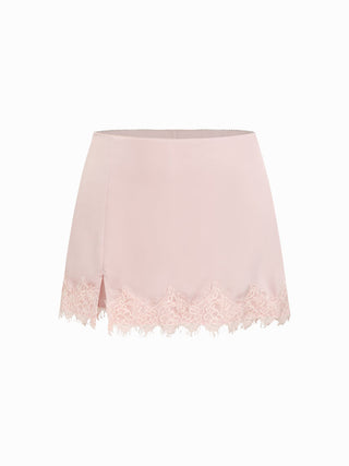 Satin Low Rise Lace Trim Split Bodycon Mini Skirt