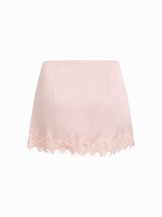 Satin Low Rise Lace Trim Split Bodycon Mini Skirt