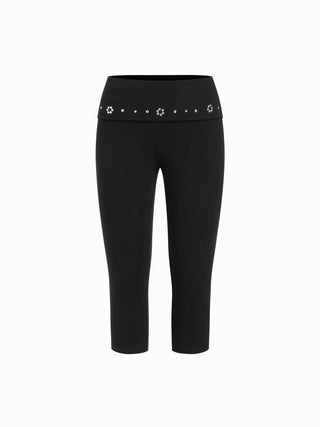 High Stretch Cotton-blend Low Rise Geometric Rhinestone Capri Pants