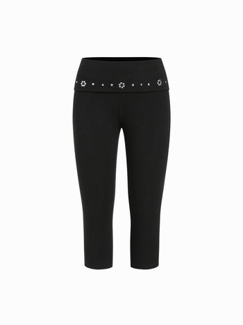 High Stretch Cotton-blend Low Rise Geometric Rhinestone Capri Pants