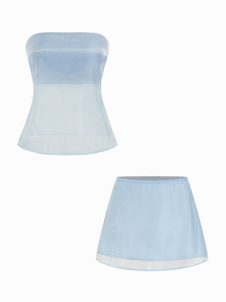 Sheer Metallic Satin Bandeau Top & Mini Skirt Set