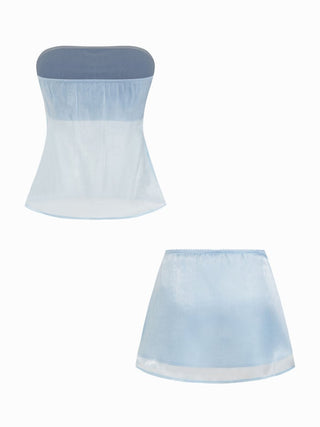 Sheer Metallic Satin Bandeau Top & Mini Skirt Set