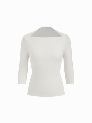 Textured Boat Neck Mid-length Sleeve Slim Top