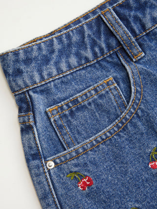Denim Mid Rise Cherry Embroidery Straight Leg Micro Shorts