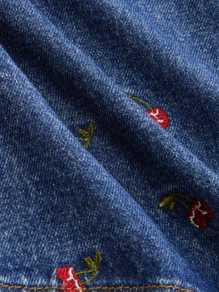 Denim Mid Rise Cherry Embroidery Straight Leg Micro Shorts