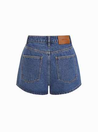Denim Mid Rise Cherry Embroidery Straight Leg Micro Shorts