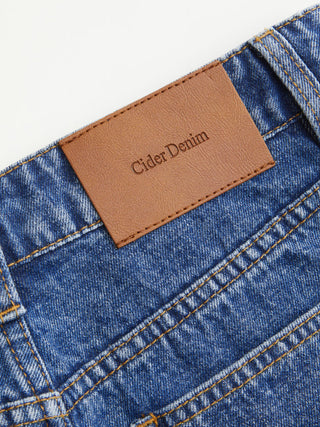 Denim Mid Rise Cherry Embroidery Straight Leg Micro Shorts