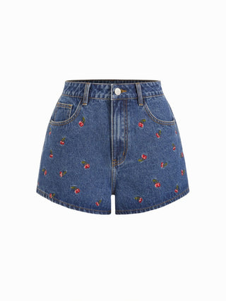 Denim Mid Rise Cherry Embroidery Straight Leg Micro Shorts