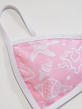 Scoop Neckline Shell & Starfish Graphic Contrast Binding Bracelet Bikini Set With Cover Up Shorts
