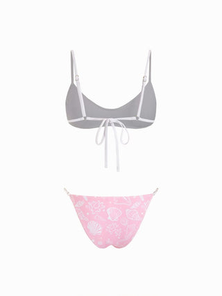 Scoop Neckline Shell & Starfish Graphic Contrast Binding Bracelet Bikini Set With Cover Up Shorts