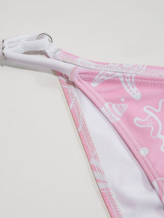 Scoop Neckline Shell & Starfish Graphic Contrast Binding Bracelet Bikini Set With Cover Up Shorts