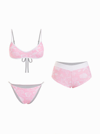 Scoop Neckline Shell & Starfish Graphic Contrast Binding Bracelet Bikini Set With Cover Up Shorts