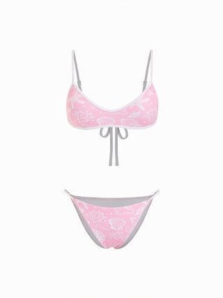Scoop Neckline Shell & Starfish Graphic Contrast Binding Bracelet Bikini Set With Cover Up Shorts
