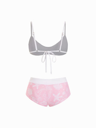 Scoop Neckline Shell & Starfish Graphic Contrast Binding Bracelet Bikini Set With Cover Up Shorts