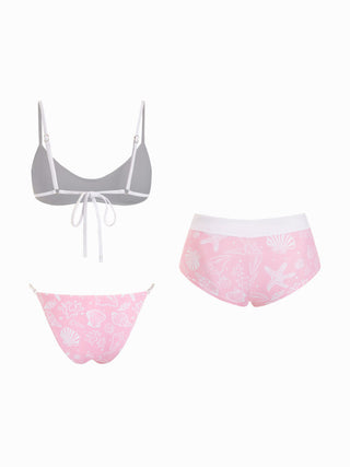 Scoop Neckline Shell & Starfish Graphic Contrast Binding Bracelet Bikini Set With Cover Up Shorts