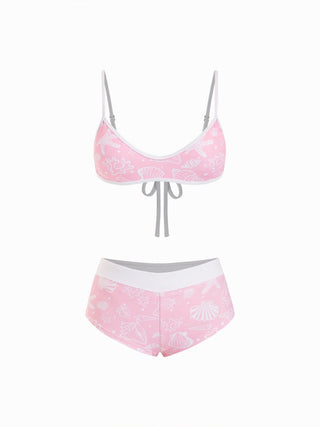 Scoop Neckline Shell & Starfish Graphic Contrast Binding Bracelet Bikini Set With Cover Up Shorts