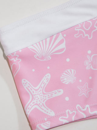 Scoop Neckline Shell & Starfish Graphic Contrast Binding Bracelet Bikini Set With Cover Up Shorts