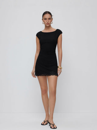 Cotton-blend Boat Neck Ruched Lace Panel A-line Mini Dress
