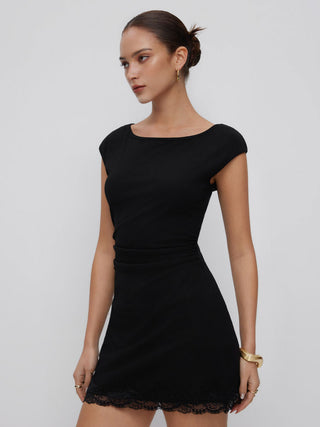 Cotton-blend Boat Neck Ruched Lace Panel A-line Mini Dress