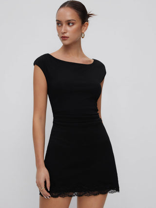 Cotton-blend Boat Neck Ruched Lace Panel A-line Mini Dress