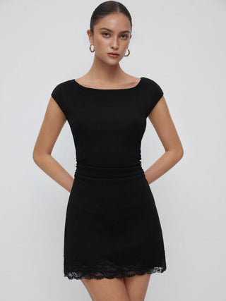 Cotton-blend Boat Neck Ruched Lace Panel A-line Mini Dress
