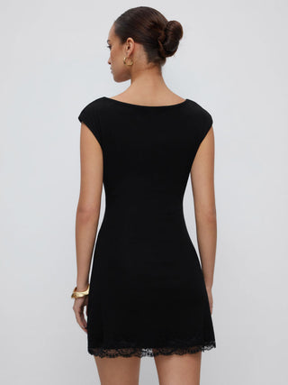 Cotton-blend Boat Neck Ruched Lace Panel A-line Mini Dress