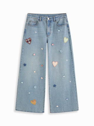 Denim Low Rise Heart & Star Graphic Applique Wide Leg Jeans