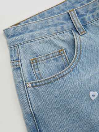 Denim Low Rise Heart & Star Graphic Applique Wide Leg Jeans