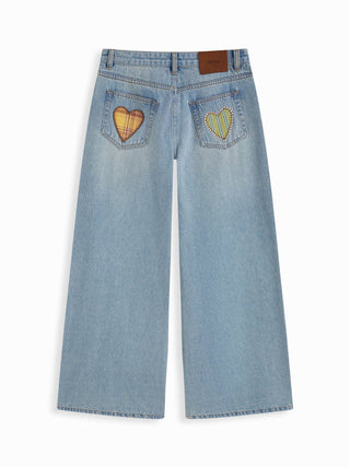 Denim Low Rise Heart & Star Graphic Applique Wide Leg Jeans