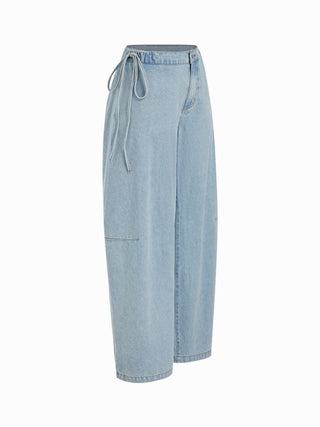 Denim Mid Rise Barrel-Leg Side Strap Jeans
