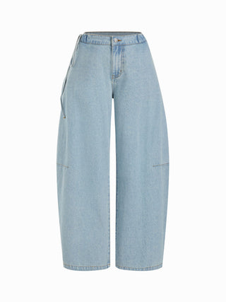 Denim Mid Rise Barrel-Leg Side Strap Jeans