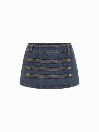 Denim Low Rise Washed Metal Detail A-line Micro Mini Skort