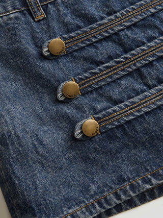 Denim Low Rise Washed Metal Detail A-line Micro Mini Skort