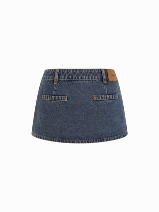 Denim Low Rise Washed Metal Detail A-line Micro Mini Skort